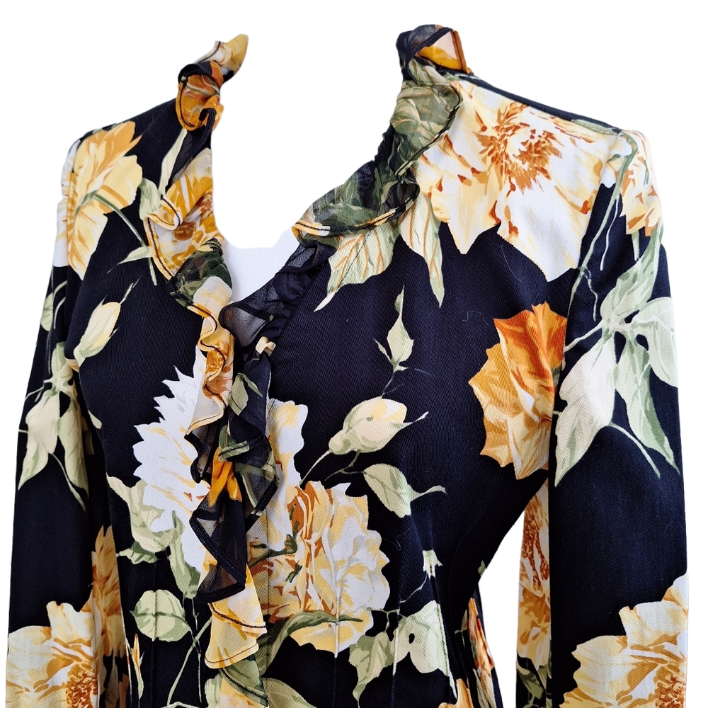 St. John Sport by Marie Gray Black Yellow Floral Ruffle Trim Blazer Jacket szS - Picture 7 of 13